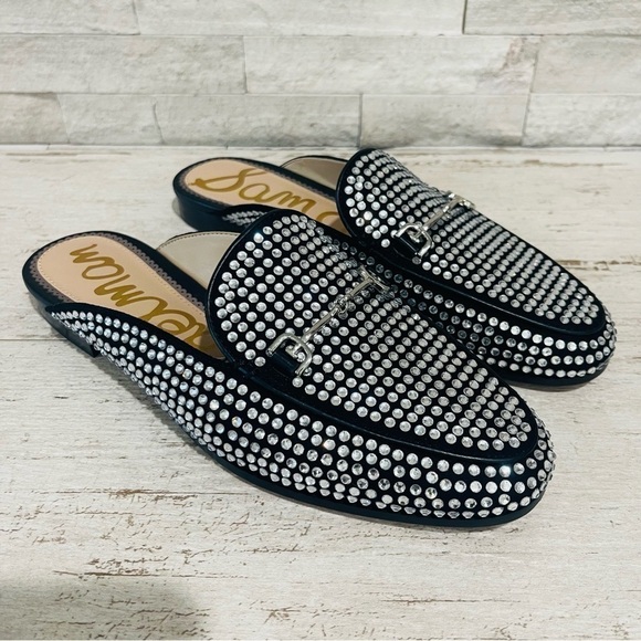 Sam Edelman Linnie Black Glitz Slip On Almond Toe Flat Crystal Horsebit Mule 6.5 - Picture 1 of 12
